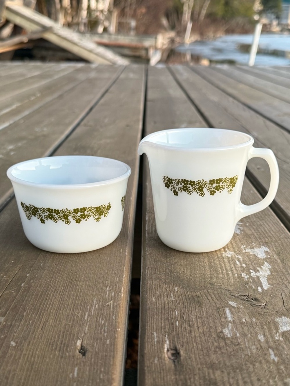 Vintage Pyrex Spring Blossom Green “Crazy Daisy” Pattern Cream and Sugar Set